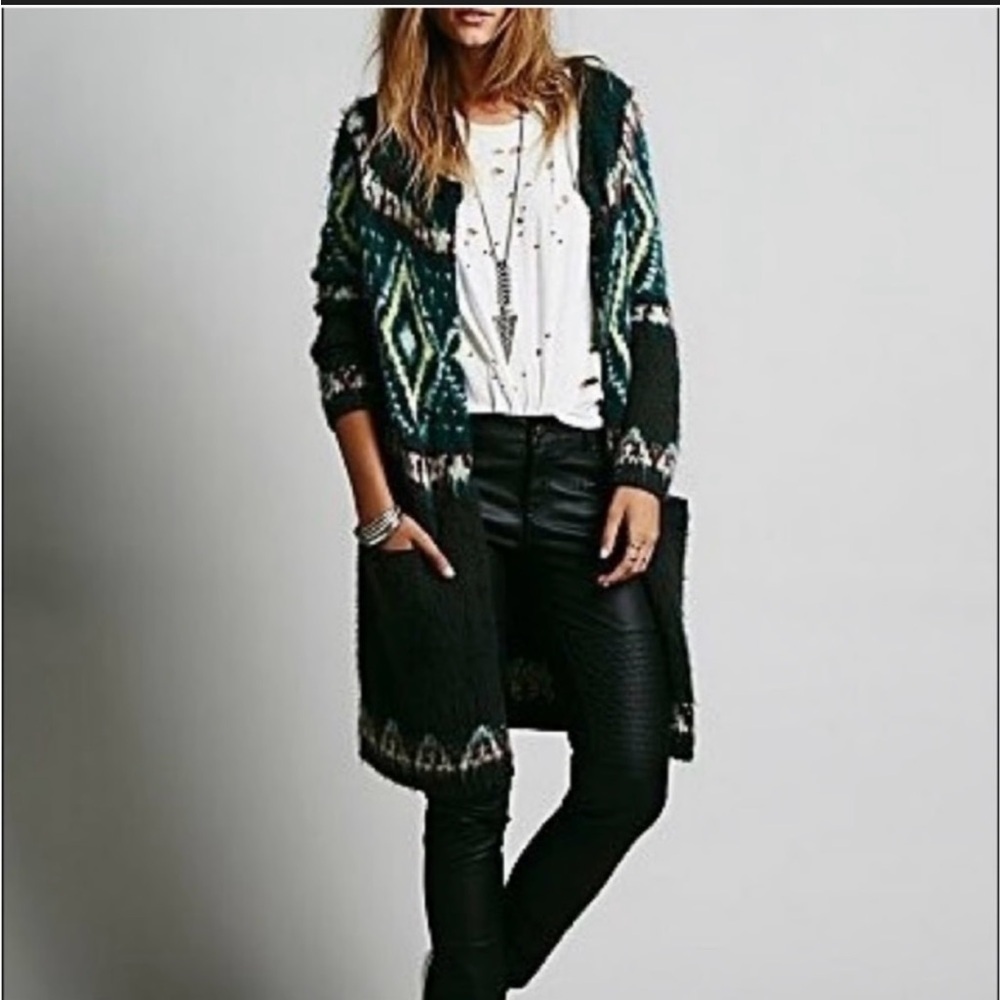 Free People Green Black Patterned Open Front Cardigan